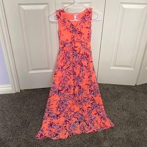 Gorgeous coral dress w/purple, pink, blue floral design.